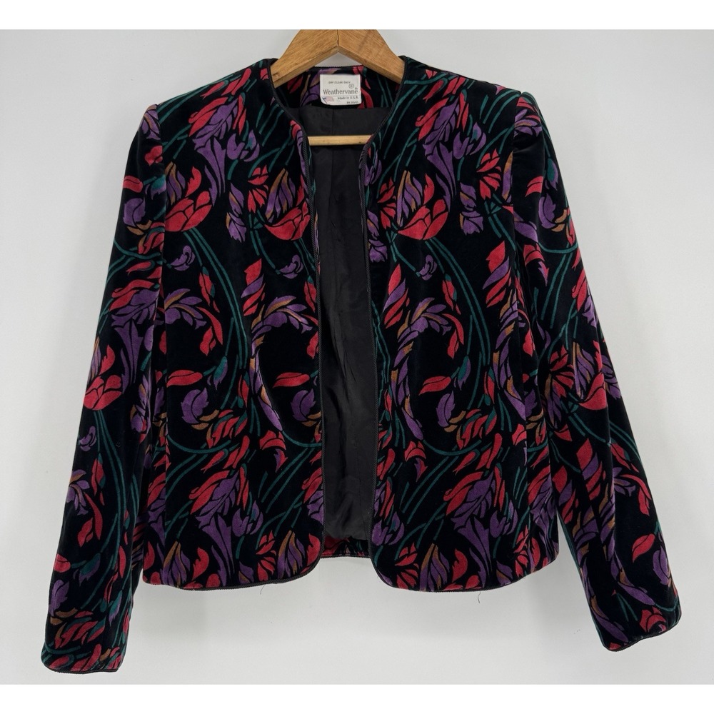 80s Velour Jacket Women's Size 8 Floral Print Open‎ Lined Blazer By Weathervane